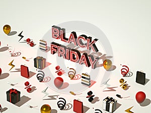 Black friday isometric 3d render with neon letters and shopping elements.