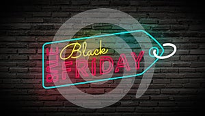Black Friday label sale tag shiny neon lamps sign glow on black brick wall. colorful sign board for Black Friday sale promotion