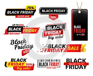 Black friday labels. Sale sticker for thanksgiving fridays sales, shopping tag stickers label designs vector set