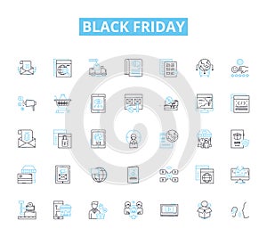 Black friday linear icons set. Deals, Discounts, Bargains, Sales, Shopping, Rush, Excitement line vector and concept photo