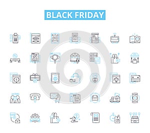 Black friday linear icons set. Deals, Discounts, Bargains, Sales, Shopping, Rush, Excitement line vector and concept photo