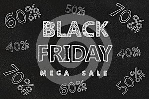 Black Friday mega sale on a black chalkboard. Textured background.