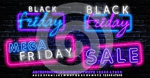 Black Friday neon label. Set of isolated neon sign for Black Friday. Neon logos on transparent background. Vector illustration