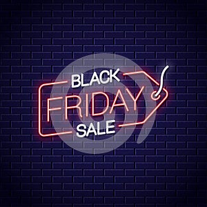 Black friday neon sign. Sale tag neon banner on wall background