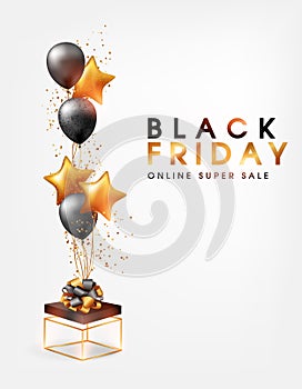 Black Friday Online Sale banner. Background with helium balloons, star and gold gift box. Realistic decorative design