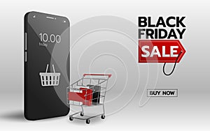 Black friday online shop on smartphone mobile with a stack of shopping bag in a shopping cart and basket symbol on a phone. World