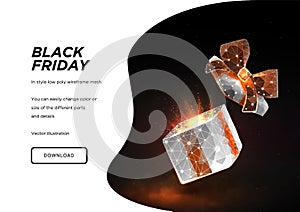 Black friday. Open gift box. Low poly wireframe art on dark background. Concept for holiday or magic or miracle.Box in the fog.