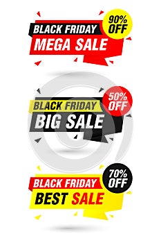 Black friday origami sale labels set. Mega Sale 90%, Big Sale 50%, Best Sale 70% off discount