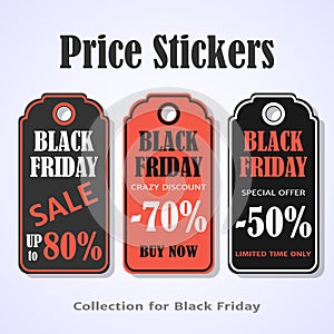 Black friday price stickers, tag, badges, labels or banner for your sales on grey background. Vector illustration for