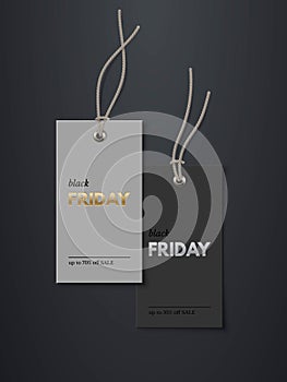 Black Friday price tags with sale mockup template set. Rectangle cards with grey strings for clothes with gold and