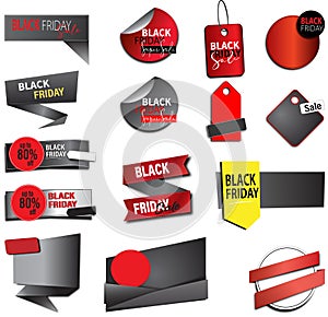 Black Friday Price tags and stickers Items Set on white background with red, yellow, gradient colors.