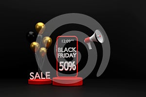 Black Friday promotion with balloons and megaphones on a black background