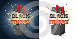 Black friday promotion sale box with surprise. Black gift box with red bow and ribbon. 3d vector concept for black