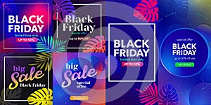 Black friday sale 2020 Set of vector banners. Promotion template for website, social media. Banners with tropical plants, monsters