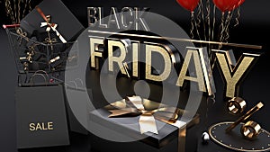 Black friday sale 3D. Background design, realistic dark gift boxes. Gold and black text