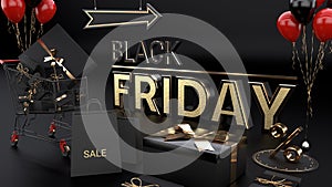 Black friday sale 3D. Background design, realistic dark gift boxes. Gold and black text, the discount up