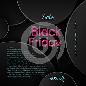 Black Friday Sale 90% off text pink and blue on a black background pattern of circles Creative design element for banner poster