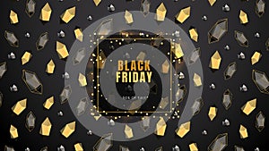 Black friday, sale abstract dark background with frame, glowing lights, polygonal contours and golden shapes, can be