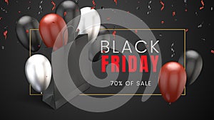 Black friday, sale abstract dark background with red and white balloons, confetti and shopping bag, can be used for