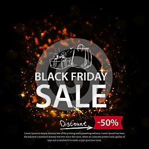 Black friday sale on abstract dark red background with fire