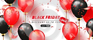 Black friday sale advertising poster with black and red balloons and flying serpentine on white background. Modern