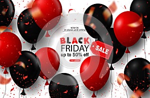 Black friday sale background with balloons and serpentine. Modern design.Universal vector background for poster, banners