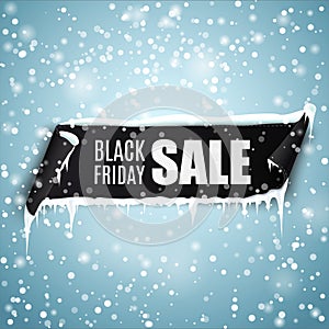 Black Friday Sale background with realistic curved ribbon banner, icicles and snow.