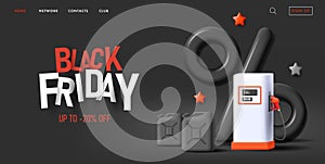 Black Friday sale banner with 3d illustration of lpg station with canisters and percent sign