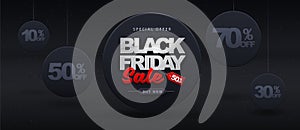 Black friday sale banner on abstract dark black background