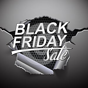 Black friday sale banner on abstract metal background with hole