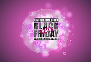 Black Friday sale banner. Black text with tag and glow sparks bokeh effect on pink background. Limited time offer