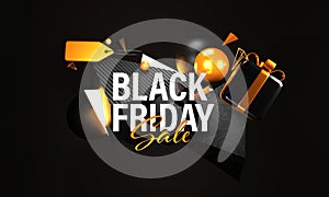 Black Friday Sale Banner Design With 3D Empty Tag, Gift Box, Balls Or Sphere On Black