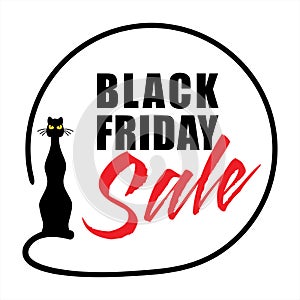 Black Friday sale banner design on a white background with a black cat, vector illustration.