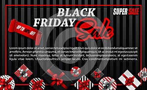 Black Friday sale banner with different gift boxes and black ribbon on black background