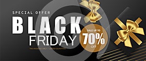 Black Friday sale banner with gift box decorated gold bow design for banner, website, poster.