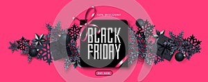 Black friday sale banner with gift boxes and snowflakes on pink background