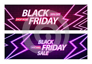 Black Friday Sale Banner. Glowing Neon Thunderbolts on Brick Wall Background. Vector Advertising Illustration