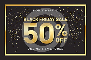 Black friday sale banner with gold color on dark background . Social media banner template, voucher, discount, season sale