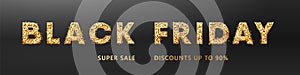 Black Friday sale banner or headers website. Golden lettering with sparkling glitter font. Template for promotion with