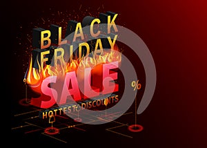 Black Friday. Sale banner. Hottest Discounts. Fire illustration. Modern isometric abstract vector. Web online landing