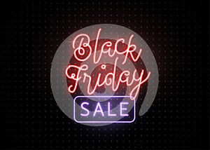 Black friday sale banner. Luminous light red and blue type lettering text sign