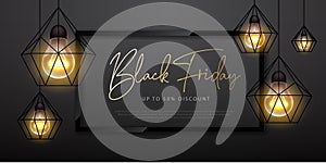 Black friday sale banner with modern glowing lamps on dark black background