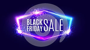 Black friday sale banner on neon background.