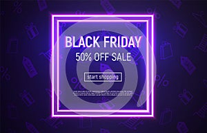 Black Friday sale banner with neon square frame on violet