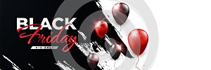 Black Friday Sale Banner or Poster with Black and Red Helium Balloons on Brush Background