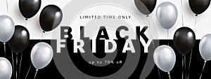 Black Friday Sale banner, poster or flyer design with 3d realistic helium balloons. Trendy minimal design template