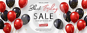 Black Friday Sale banner, poster or flyer design with black and red helium balloons on white background. Trendy modern design