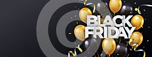 Black Friday Sale banner, poster, flyer design with gold and black 3d realistic flying balloons on black background
