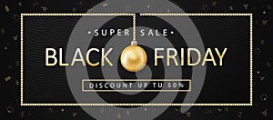 Black Friday Sale, banner, poster. Golden color inscription on dark background with shopping icons