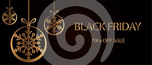 Black friday sale banner, poster with golden round christmas ball and text on dark background